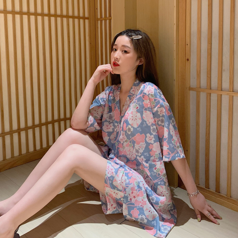 日系碎花睡衣短褲兩件套裝女洋氣可外穿家居和服收腰睡袍學生夏季-細節圖2