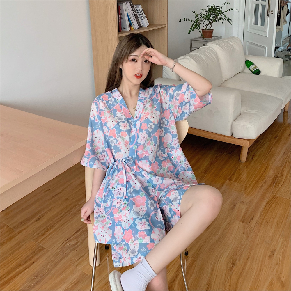 日系碎花睡衣短褲兩件套裝女洋氣可外穿家居和服收腰睡袍學生夏季-細節圖4