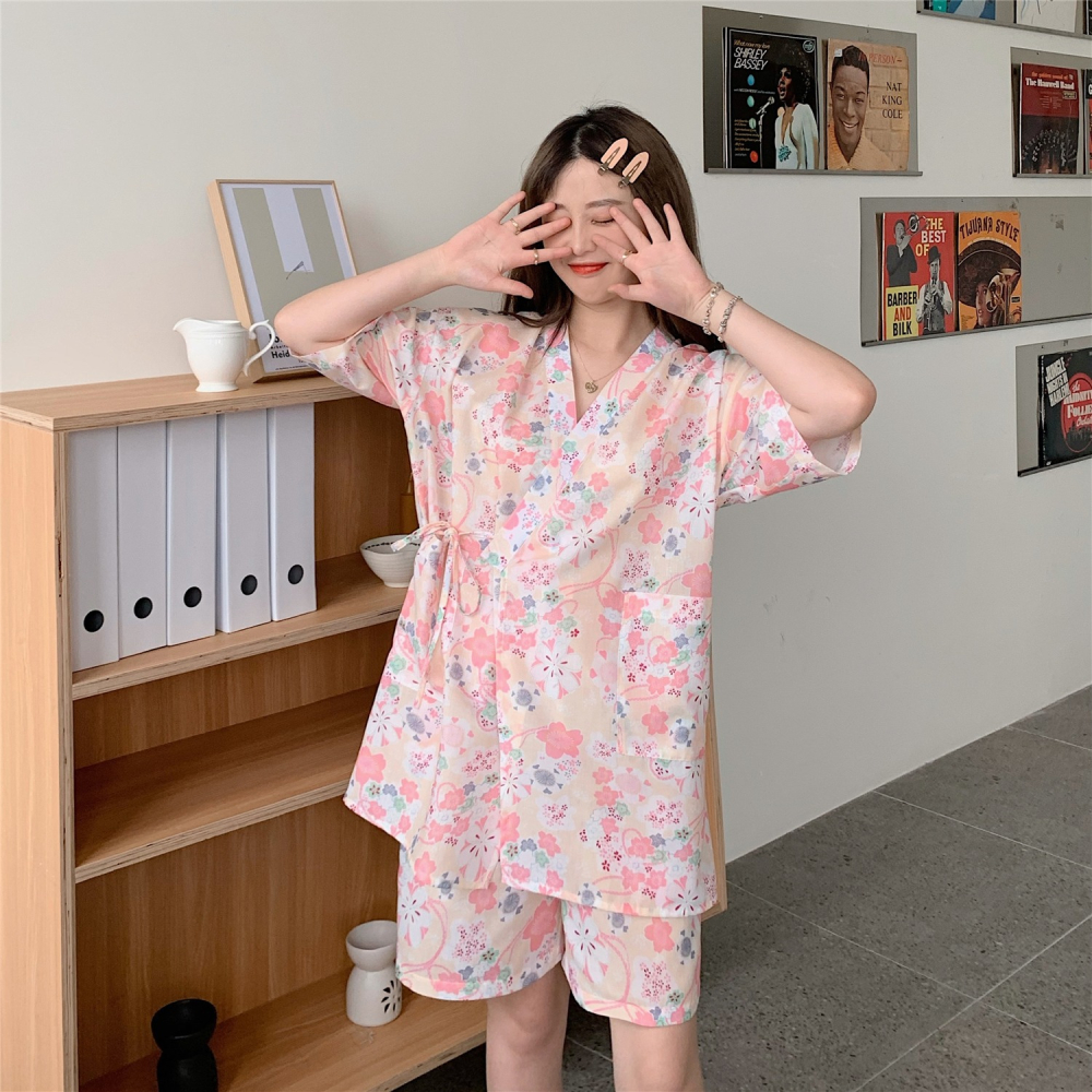 日系碎花睡衣短褲兩件套裝女洋氣可外穿家居和服收腰睡袍學生夏季-細節圖5