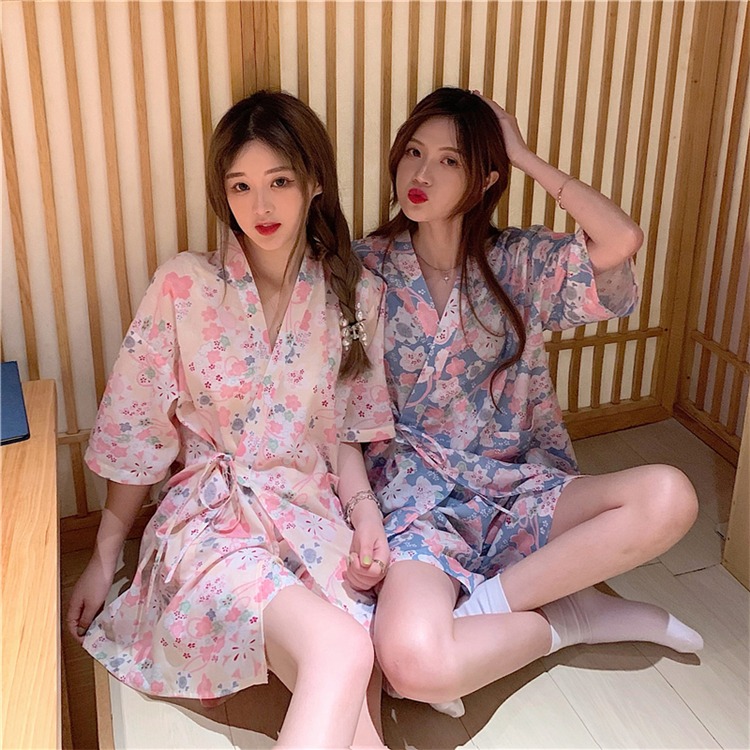 日系碎花睡衣短褲兩件套裝女洋氣可外穿家居和服收腰睡袍學生夏季-細節圖6