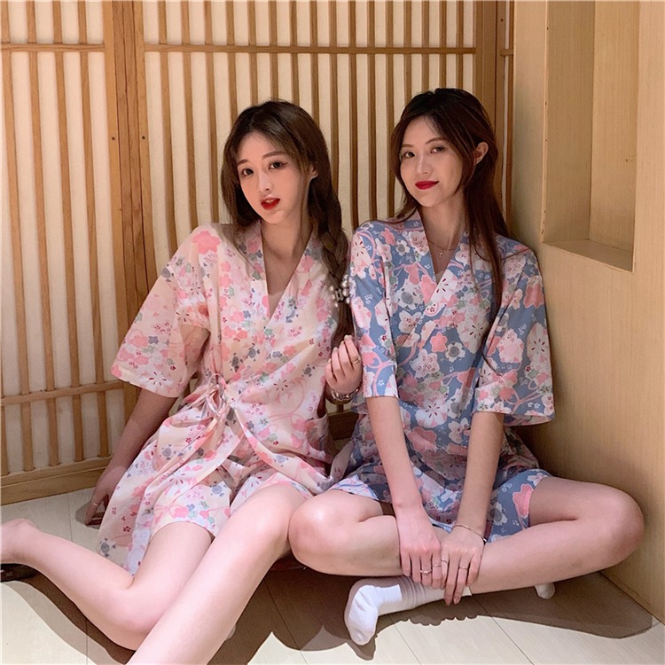 日系碎花睡衣短褲兩件套裝女洋氣可外穿家居和服收腰睡袍學生夏季-細節圖7