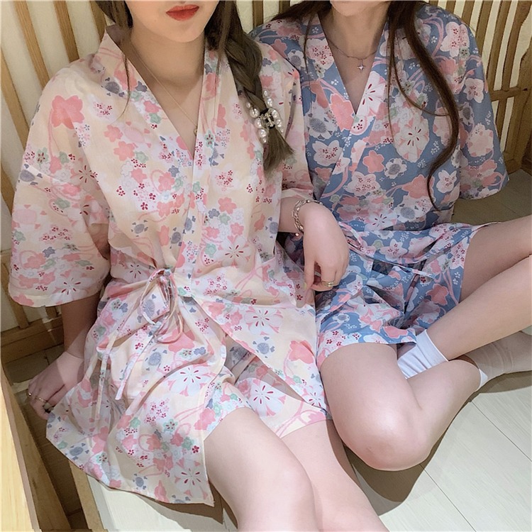 日系碎花睡衣短褲兩件套裝女洋氣可外穿家居和服收腰睡袍學生夏季-細節圖8