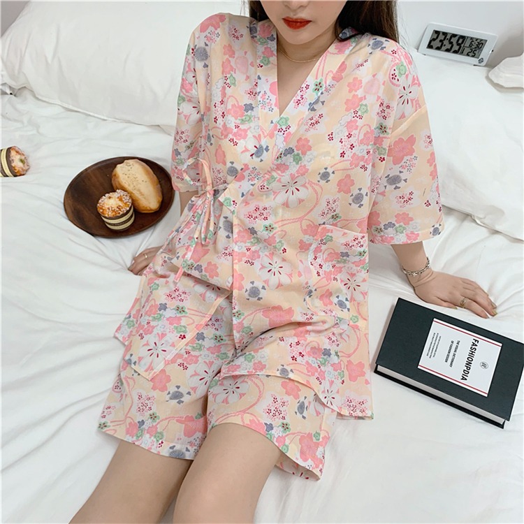 日系碎花睡衣短褲兩件套裝女洋氣可外穿家居和服收腰睡袍學生夏季-細節圖10