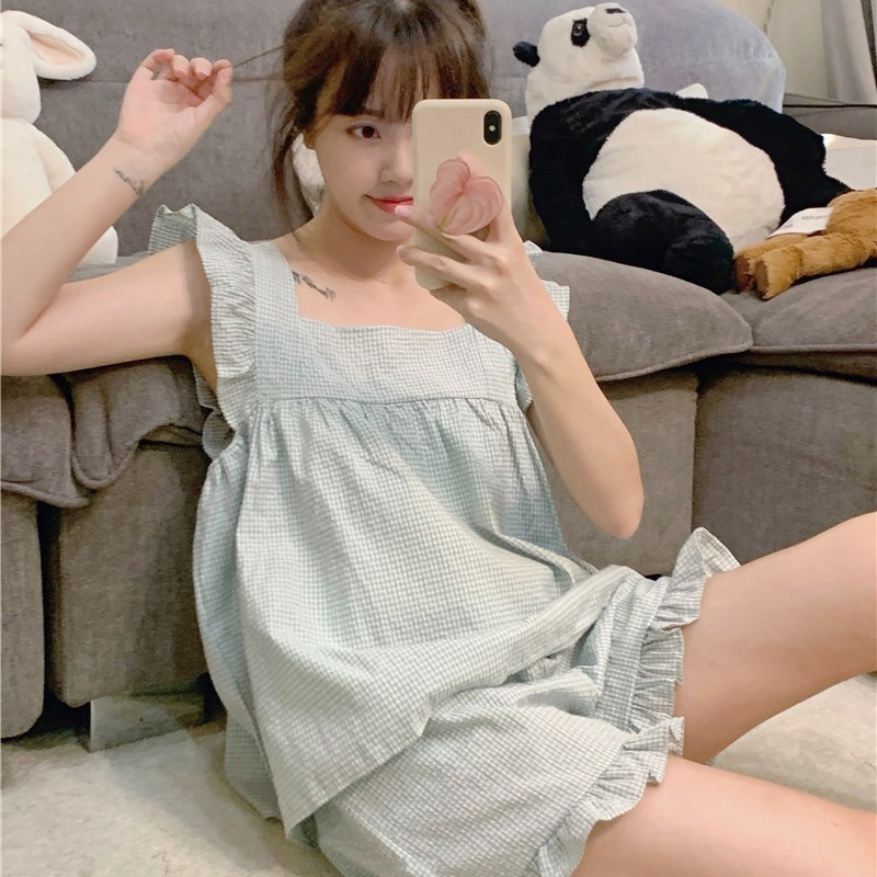 可愛木耳邊吊帶睡衣兩件套裝ins純欲風少女年新款家居服甜美-細節圖2