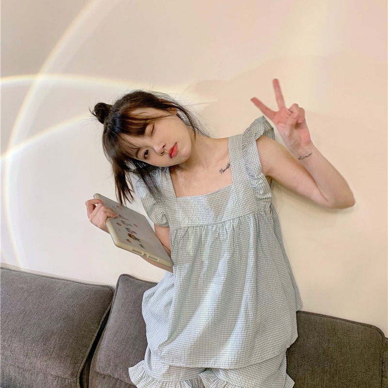 可愛木耳邊吊帶睡衣兩件套裝ins純欲風少女年新款家居服甜美-細節圖3
