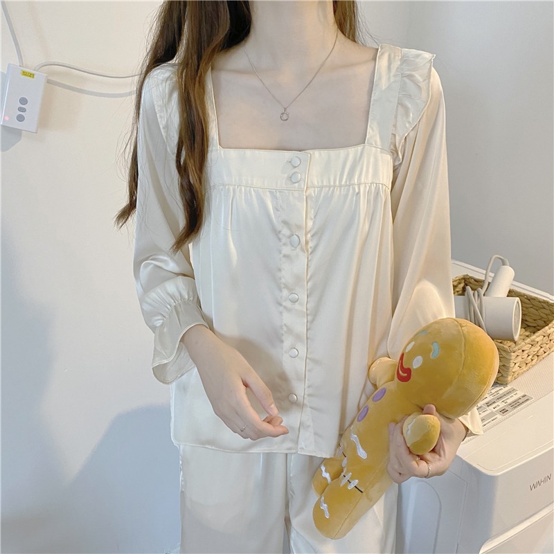 純欲方領長袖睡衣春秋款女ins風荷葉邊冰絲家居服兩件套裝可外穿-細節圖3
