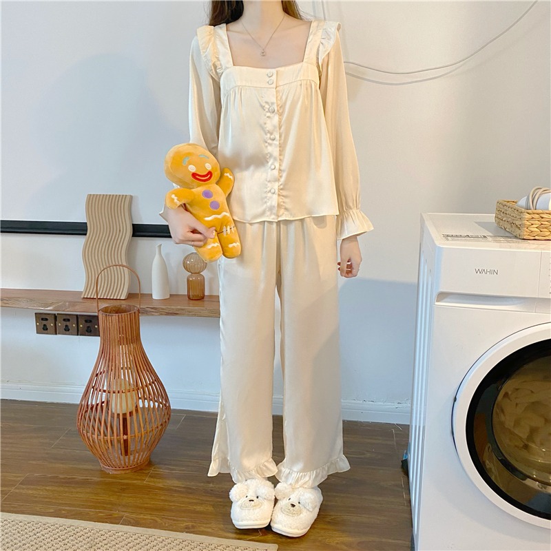 純欲方領長袖睡衣春秋款女ins風荷葉邊冰絲家居服兩件套裝可外穿-細節圖4