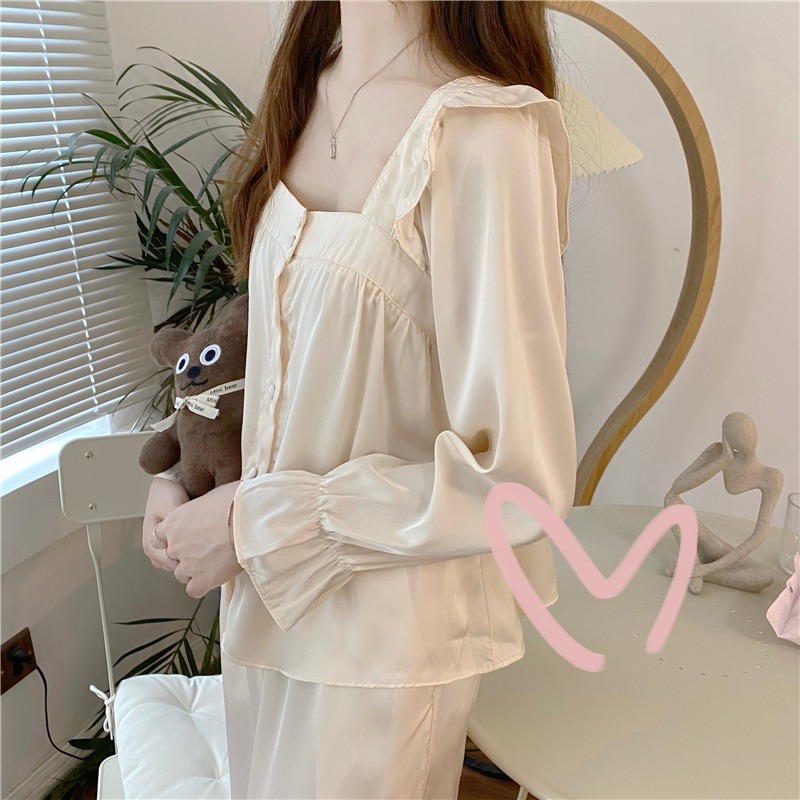 純欲方領長袖睡衣春秋款女ins風荷葉邊冰絲家居服兩件套裝可外穿-細節圖5