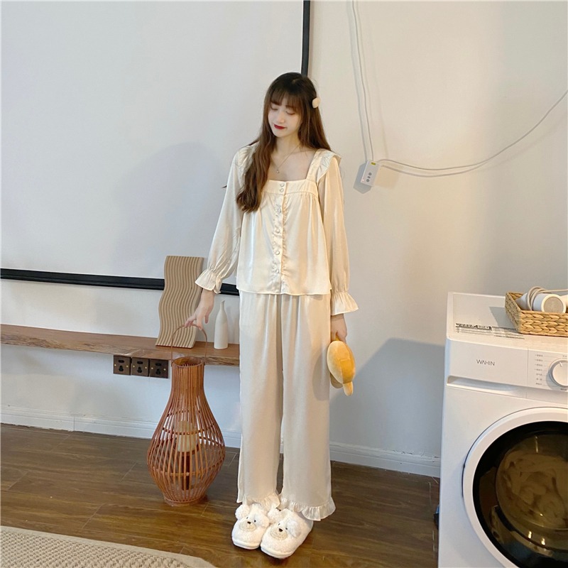 純欲方領長袖睡衣春秋款女ins風荷葉邊冰絲家居服兩件套裝可外穿-細節圖10