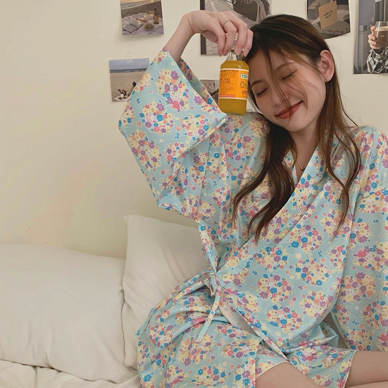 日系碎花v領和服長袖睡袍女ins風浴巾年新款春秋家居衣服洋氣-細節圖3