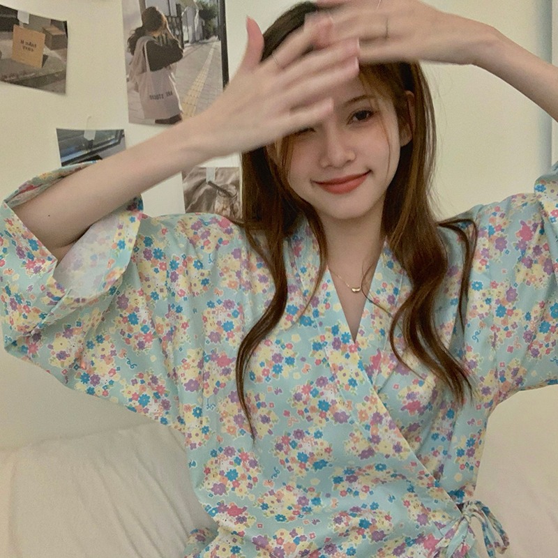 日系碎花v領和服長袖睡袍女ins風浴巾年新款春秋家居衣服洋氣-細節圖6