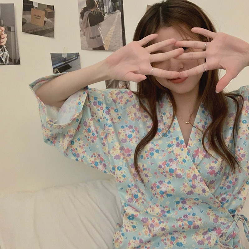 日系碎花v領和服長袖睡袍女ins風浴巾年新款春秋家居衣服洋氣-細節圖7