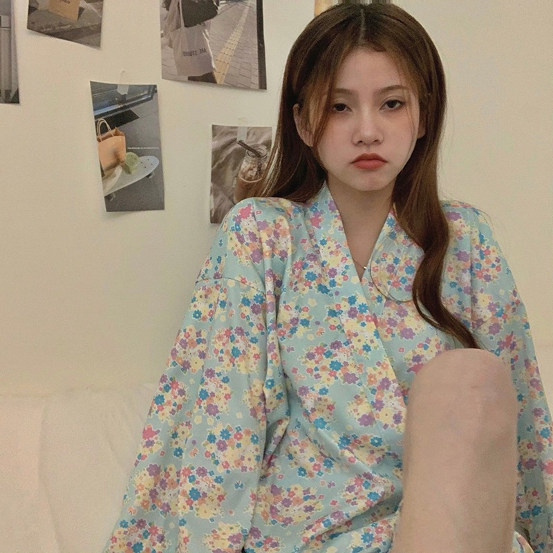 日系碎花v領和服長袖睡袍女ins風浴巾年新款春秋家居衣服洋氣-細節圖8