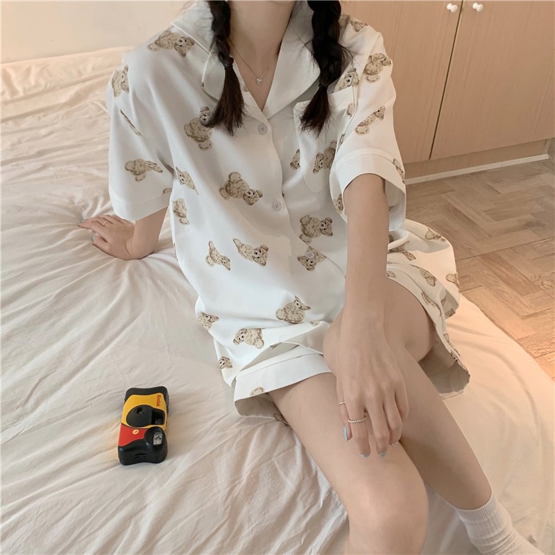 可愛西裝領短袖睡衣女夏ins風年新款外穿學生休閑家居服她在-細節圖4