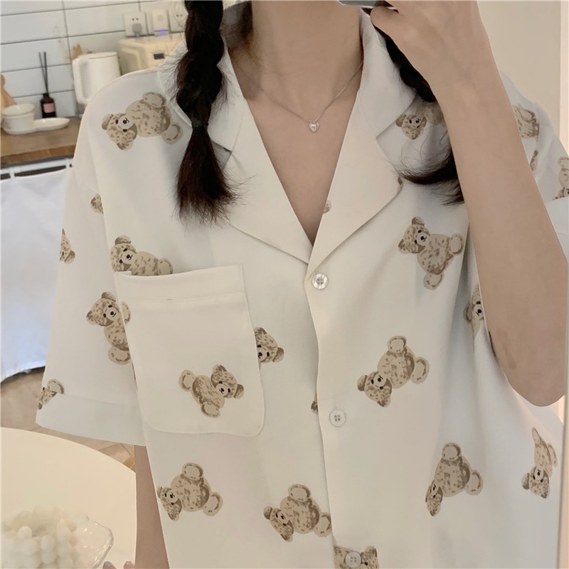 可愛西裝領短袖睡衣女夏ins風年新款外穿學生休閑家居服她在-細節圖7