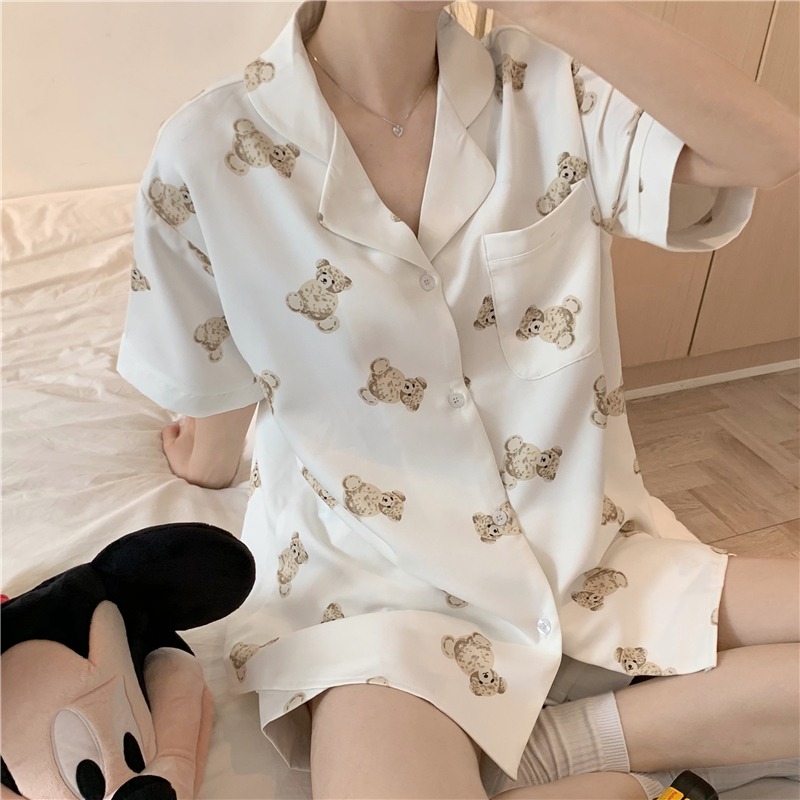 可愛西裝領短袖睡衣女夏ins風年新款外穿學生休閑家居服她在-細節圖8