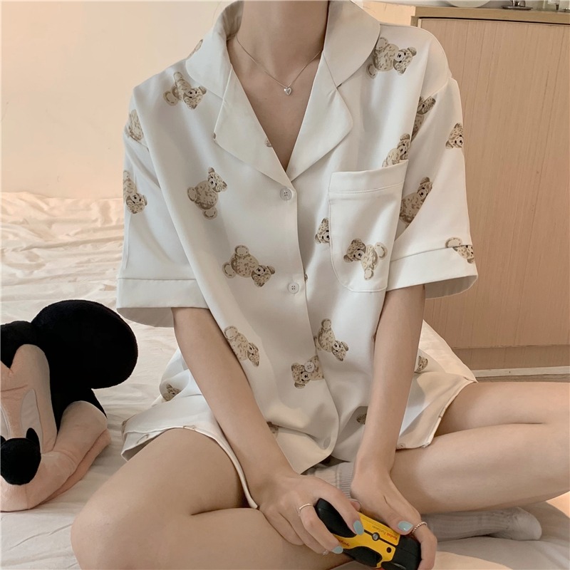 可愛西裝領短袖睡衣女夏ins風年新款外穿學生休閑家居服她在-細節圖9