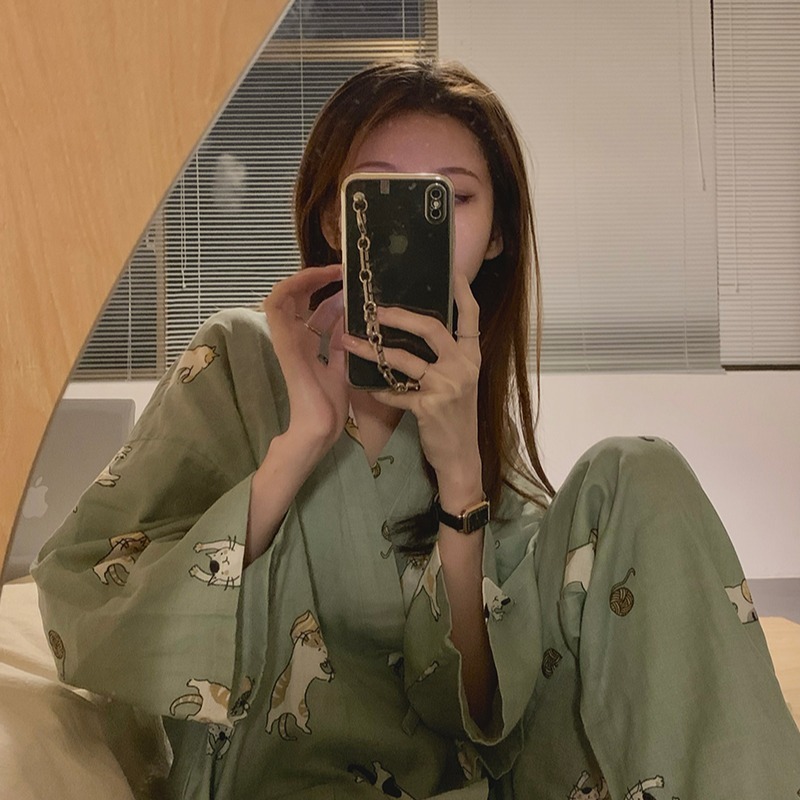 日系綁帶和服睡衣女ins風年春秋款可外穿貓咪長袖家居服套裝-細節圖2