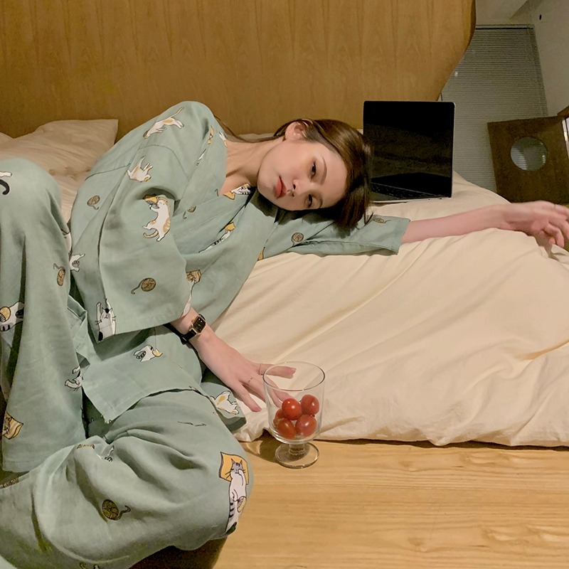 日系綁帶和服睡衣女ins風年春秋款可外穿貓咪長袖家居服套裝-細節圖3