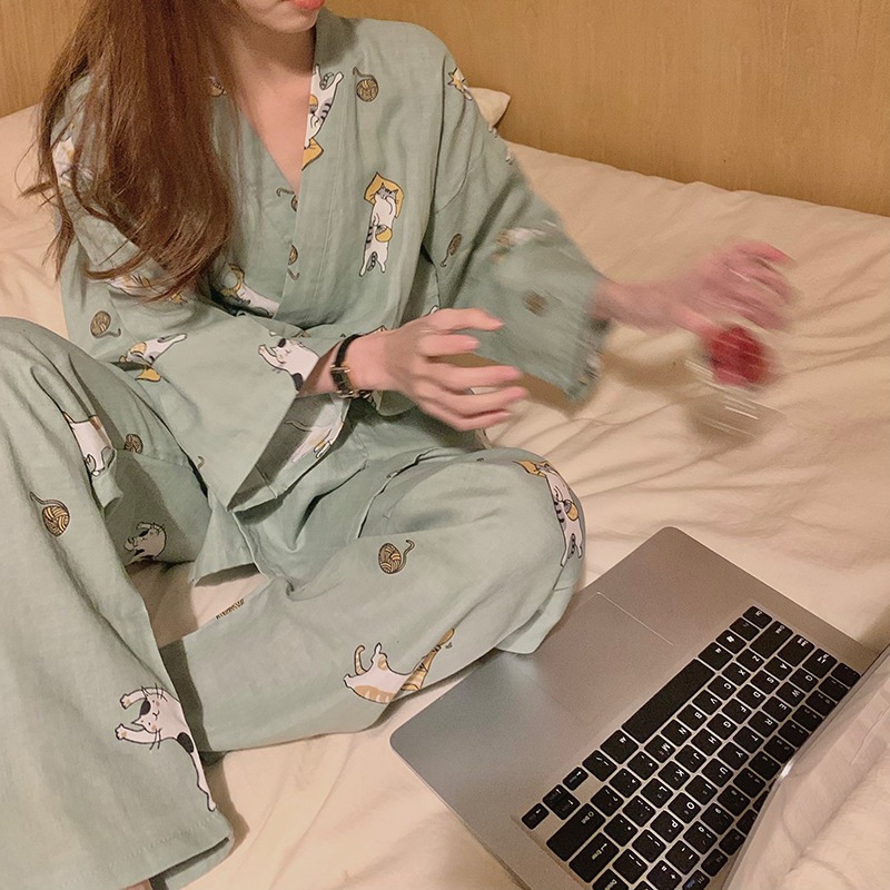 日系綁帶和服睡衣女ins風年春秋款可外穿貓咪長袖家居服套裝-細節圖4