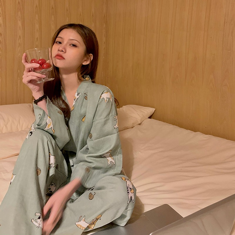 日系綁帶和服睡衣女ins風年春秋款可外穿貓咪長袖家居服套裝-細節圖6