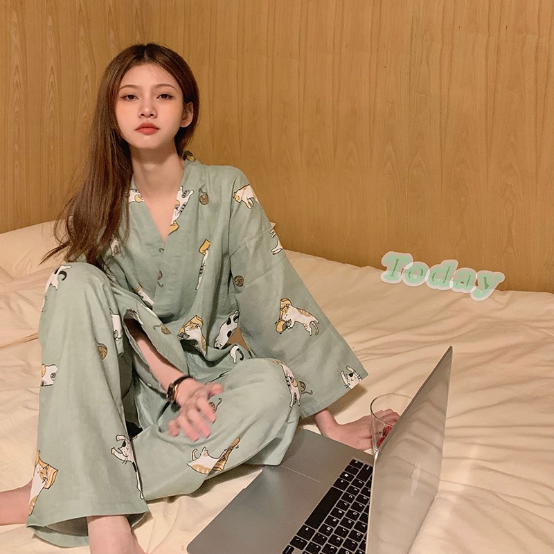 日系綁帶和服睡衣女ins風年春秋款可外穿貓咪長袖家居服套裝-細節圖8