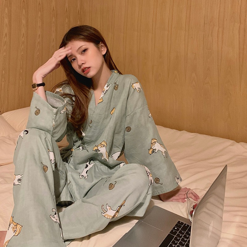 日系綁帶和服睡衣女ins風年春秋款可外穿貓咪長袖家居服套裝-細節圖9