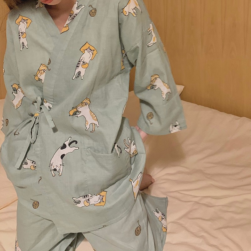 日系綁帶和服睡衣女ins風年春秋款可外穿貓咪長袖家居服套裝-細節圖10
