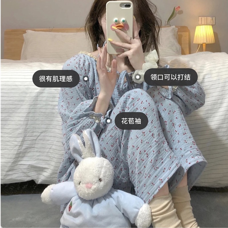 純棉睡衣女春秋ins風甜美櫻桃印花長袖家居服年新款可愛外穿-細節圖2