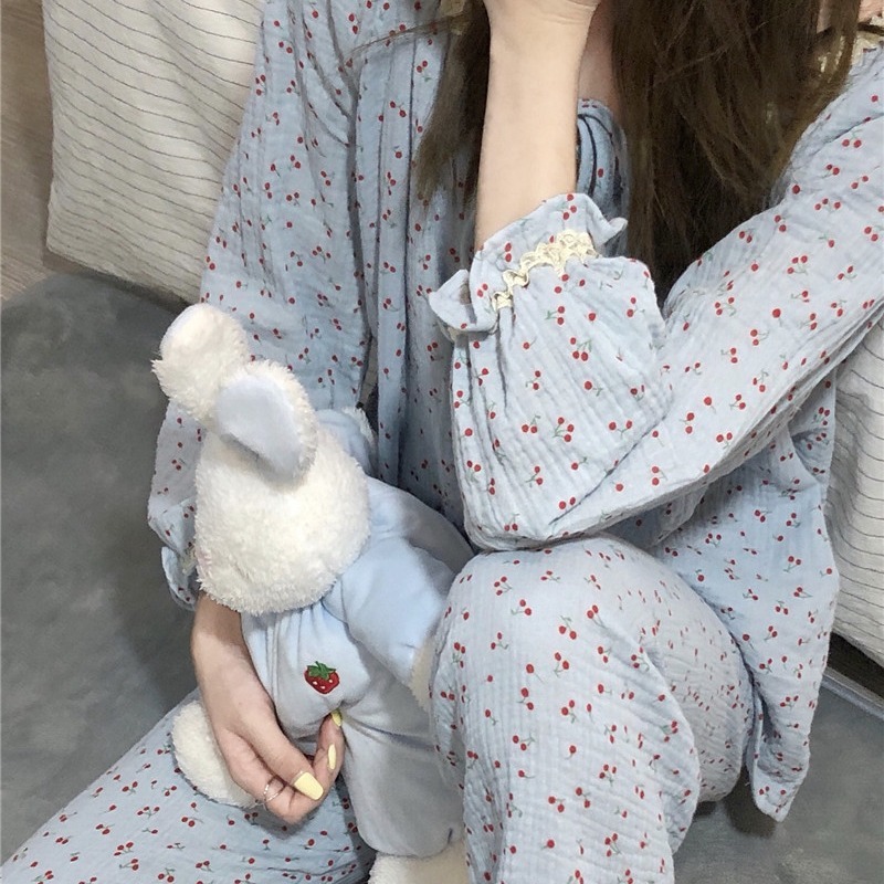 純棉睡衣女春秋ins風甜美櫻桃印花長袖家居服年新款可愛外穿-細節圖3