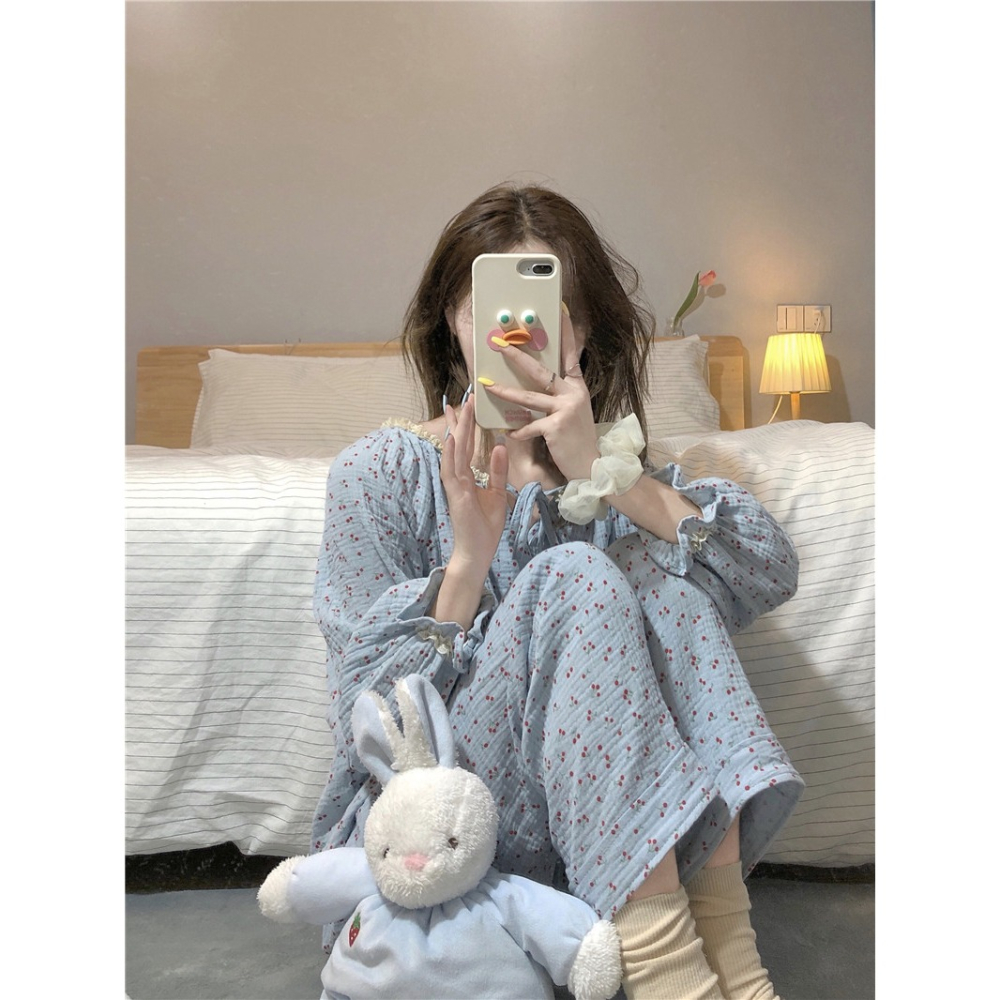 純棉睡衣女春秋ins風甜美櫻桃印花長袖家居服年新款可愛外穿-細節圖8