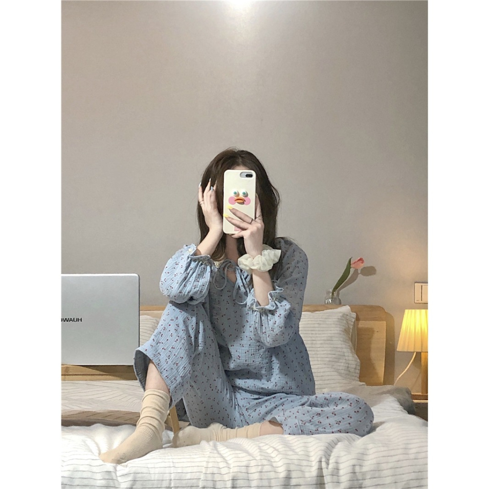 純棉睡衣女春秋ins風甜美櫻桃印花長袖家居服年新款可愛外穿-細節圖9