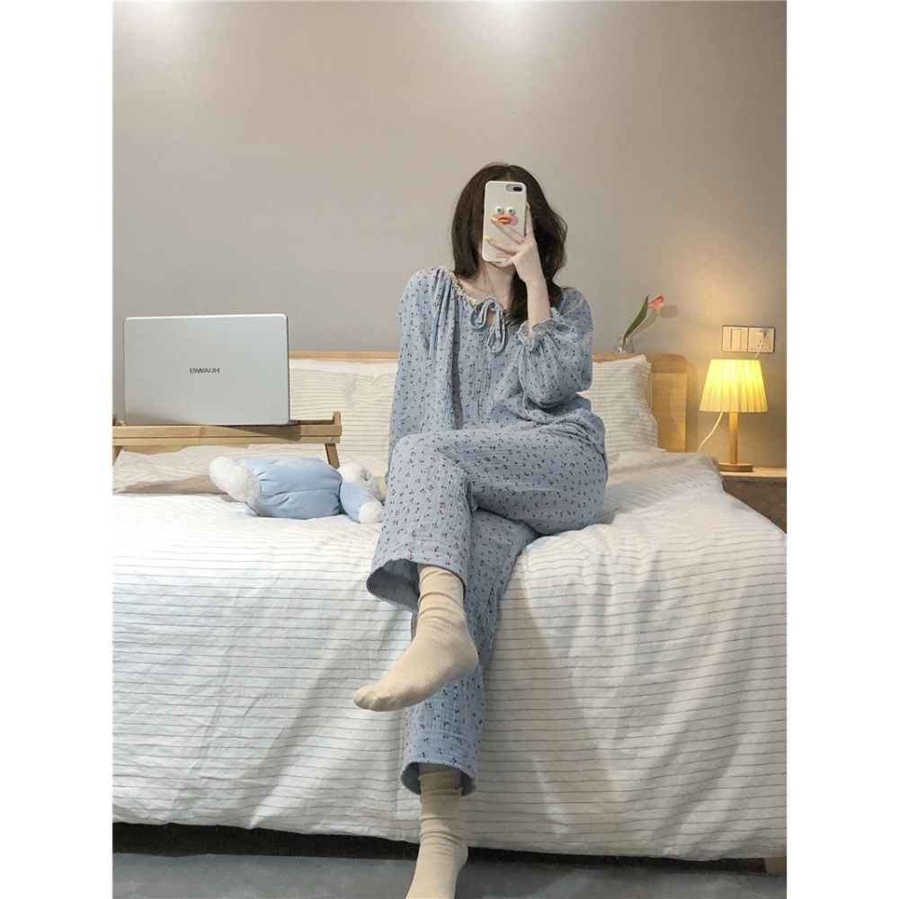 純棉睡衣女春秋ins風甜美櫻桃印花長袖家居服年新款可愛外穿-細節圖10