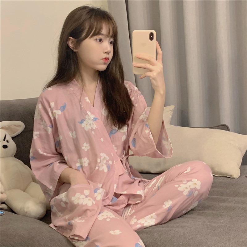日系v領系帶和服睡衣少女ins風年春季秋款甜美碎花家居服套裝-細節圖3