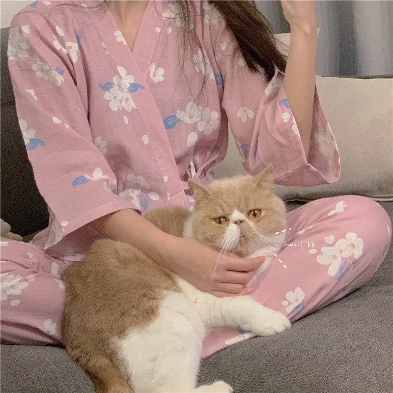 日系v領系帶和服睡衣少女ins風年春季秋款甜美碎花家居服套裝-細節圖7
