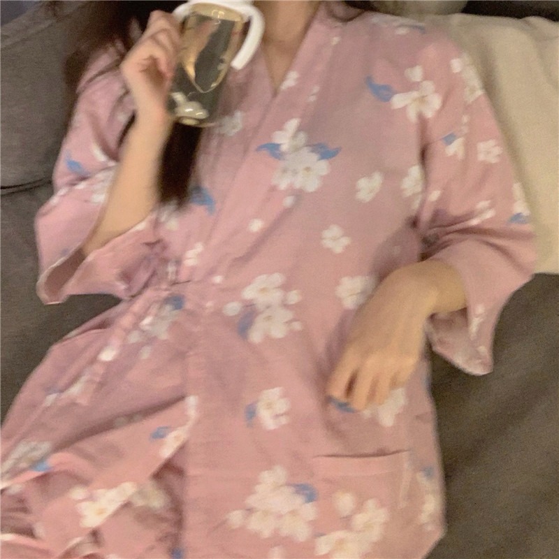 日系v領系帶和服睡衣少女ins風年春季秋款甜美碎花家居服套裝-細節圖9