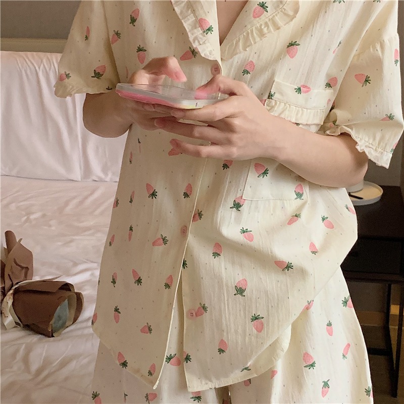 夏季純棉荷葉邊短袖睡衣女ins風年新款草莓印花家居服兩件套-細節圖2
