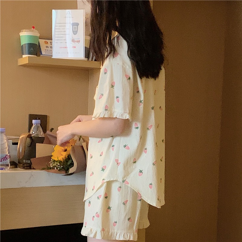 夏季純棉荷葉邊短袖睡衣女ins風年新款草莓印花家居服兩件套-細節圖4