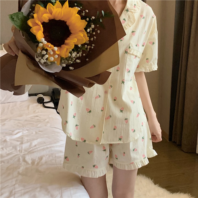 夏季純棉荷葉邊短袖睡衣女ins風年新款草莓印花家居服兩件套-細節圖9