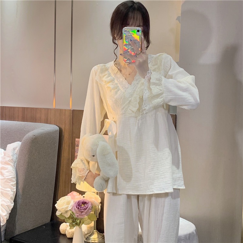 宮廷風和服睡衣仙女甜美蕾絲花邊V領系帶家居服套裝春秋新款-細節圖2