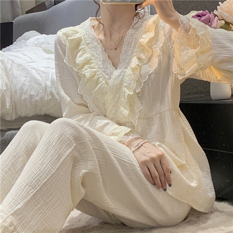 宮廷風和服睡衣仙女甜美蕾絲花邊V領系帶家居服套裝春秋新款-細節圖4