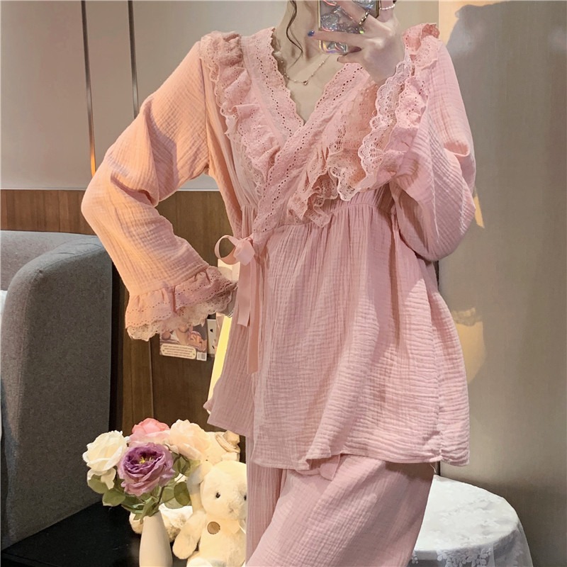 宮廷風和服睡衣仙女甜美蕾絲花邊V領系帶家居服套裝春秋新款-細節圖5