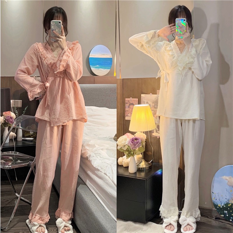 宮廷風和服睡衣仙女甜美蕾絲花邊V領系帶家居服套裝春秋新款-細節圖6