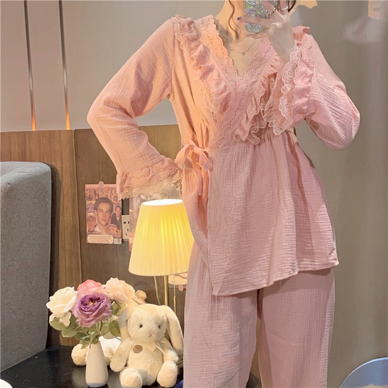 宮廷風和服睡衣仙女甜美蕾絲花邊V領系帶家居服套裝春秋新款-細節圖7