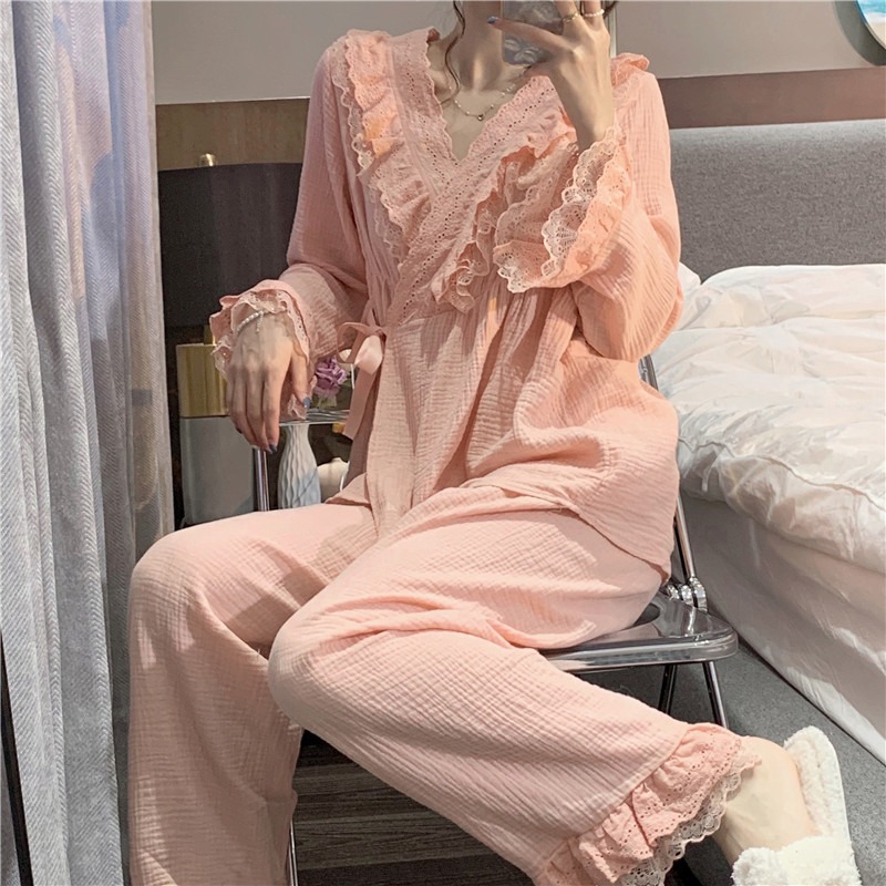 宮廷風和服睡衣仙女甜美蕾絲花邊V領系帶家居服套裝春秋新款-細節圖8