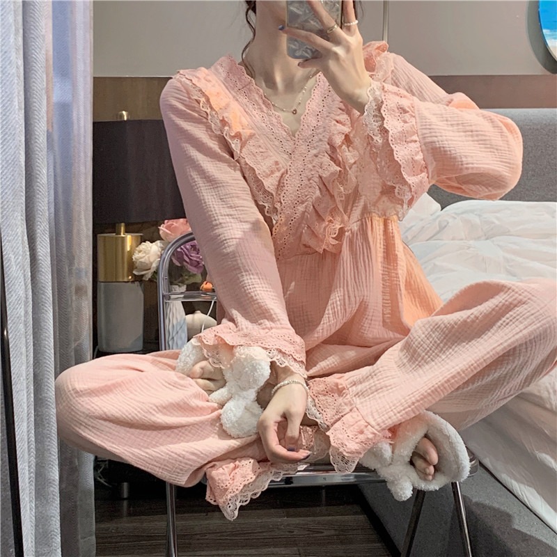 宮廷風和服睡衣仙女甜美蕾絲花邊V領系帶家居服套裝春秋新款-細節圖9