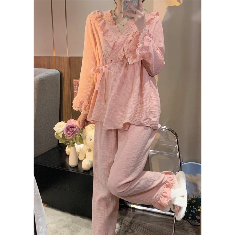 宮廷風和服睡衣仙女甜美蕾絲花邊V領系帶家居服套裝春秋新款-細節圖10