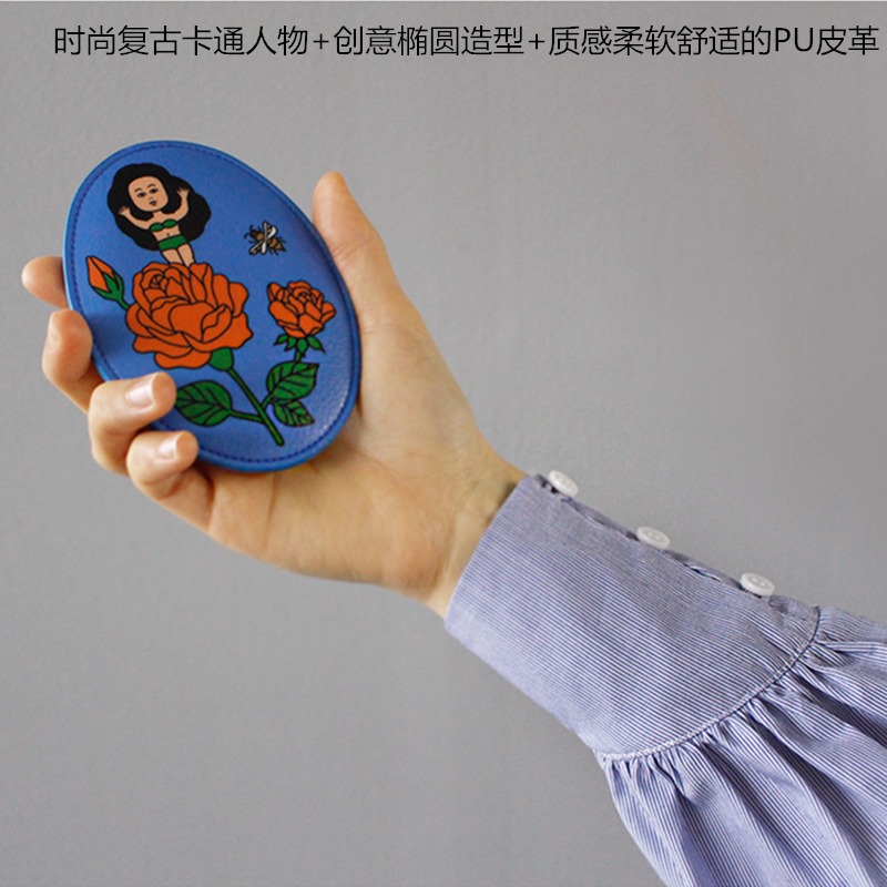 韓國進口oohlala時尚復古卡通PU橢圓小手鏡隨身便攜化妝補妝鏡子-細節圖2