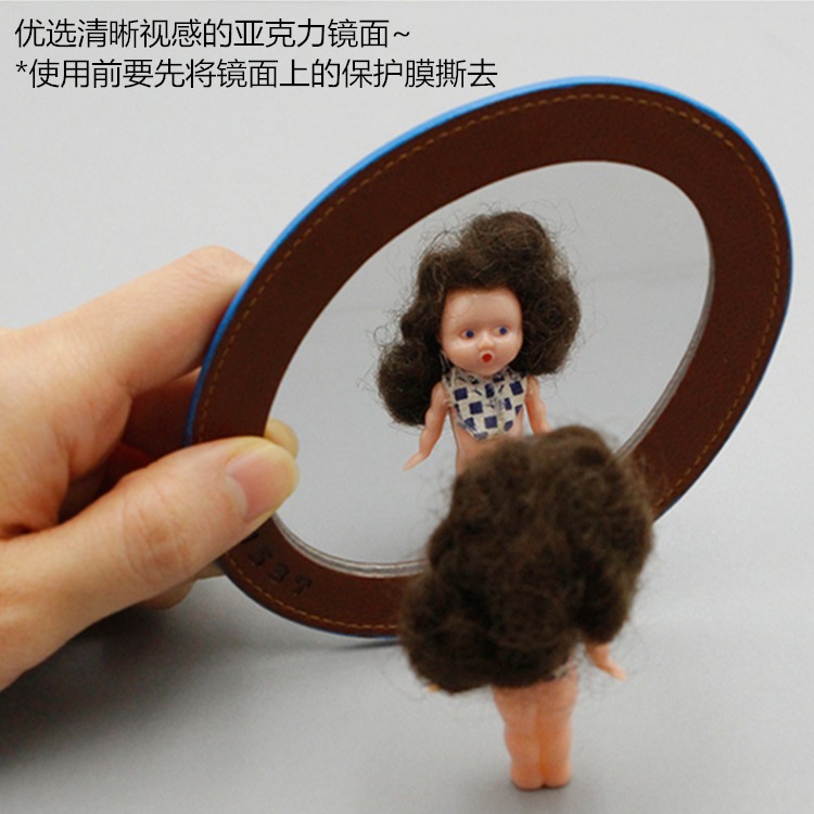 韓國進口oohlala時尚復古卡通PU橢圓小手鏡隨身便攜化妝補妝鏡子-細節圖3