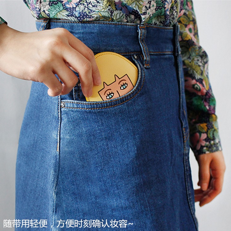 韓國進口oohlala時尚復古卡通PU橢圓小手鏡隨身便攜化妝補妝鏡子-細節圖4